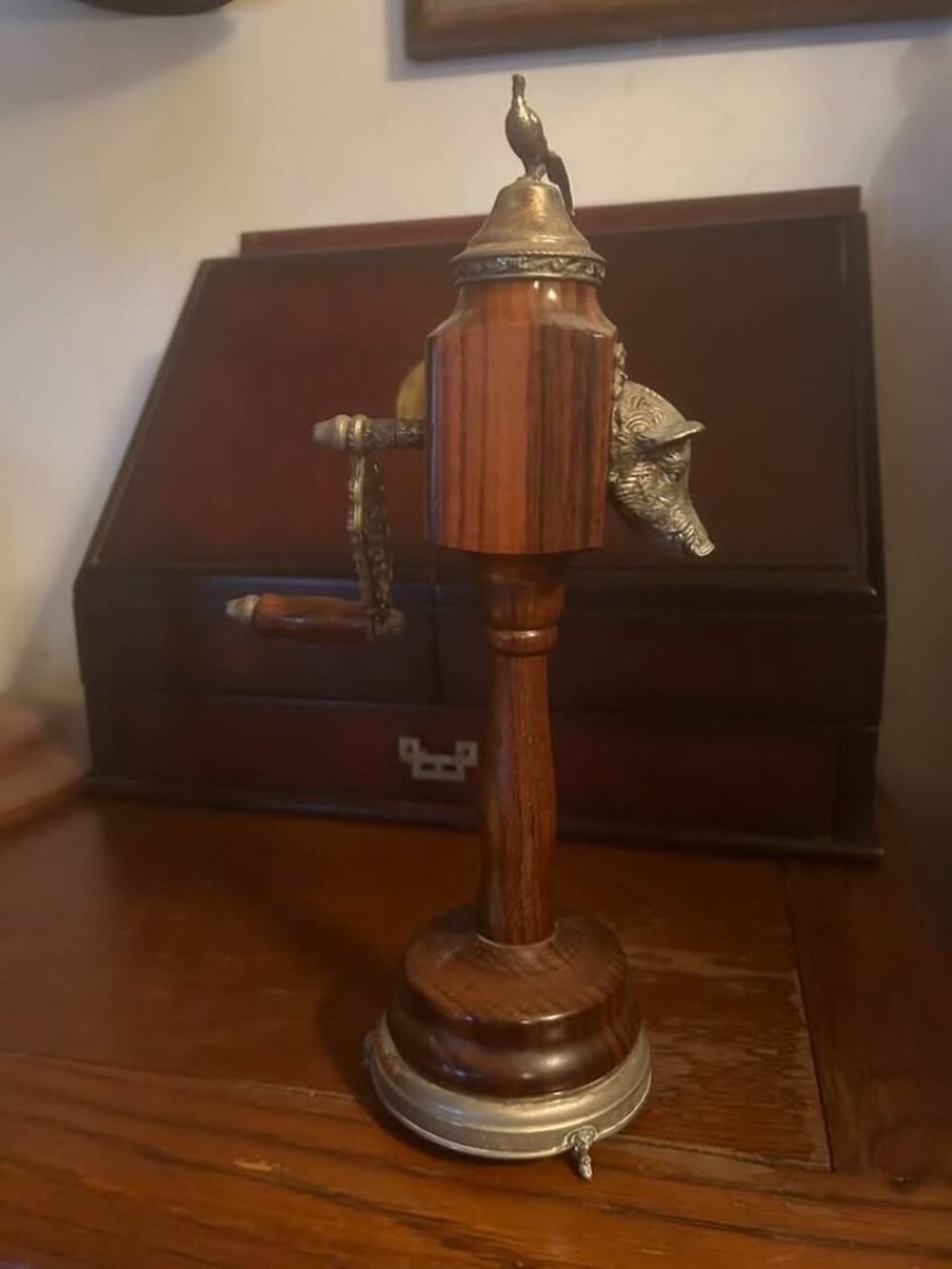 REUGE Swiss Musical Pepper Mill Music Box Antique Wooden Brass Bird Boar